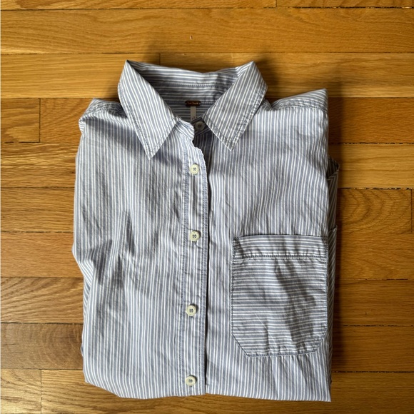 Free People Blue Striped Button Down Shirt with Bow Detailing on Back - Picture 3 of 8